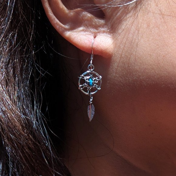 Navajo Mini Dreamcatcher Leaf Dangle Earrings Turquoise Native Am Jewelry*** - Picture 1 of 9